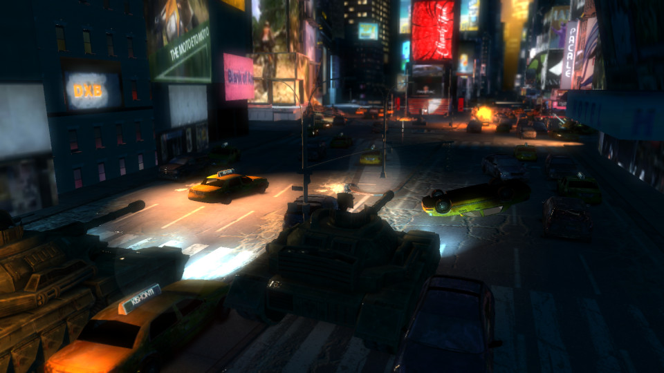 A graphically expensive image to render, showing a tank in Manhattan.